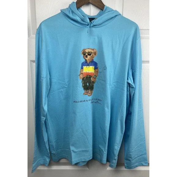 Polo Ralph Lauren Shirt Mens L Blue Hooded Long Sleeve Polo Bear Tee New w/Tags‎